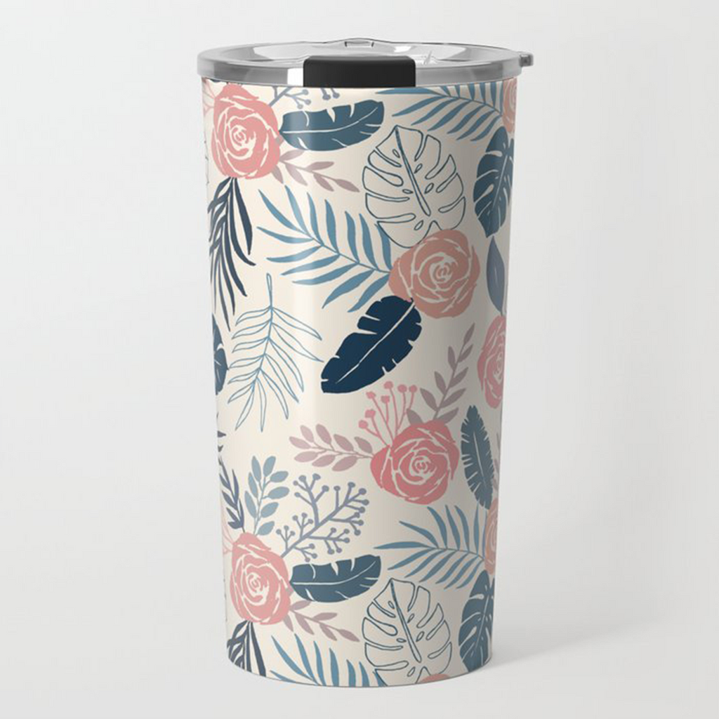 Blue and Blush Tropical Floral Travel Mug